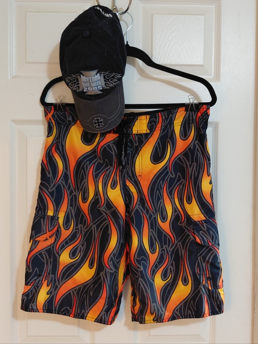 Vintage Y2K Flame Swim Trunks Shorts +  2005 Daytona Bike Week Chopper Hat Cap
